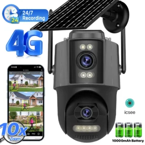 4G Sim Solar Camera 24 Hours Record Three lens 10X Zoom Camera Outdoor IP66 Waterproof 9W Solar Panel Built-in Battery iCSee
